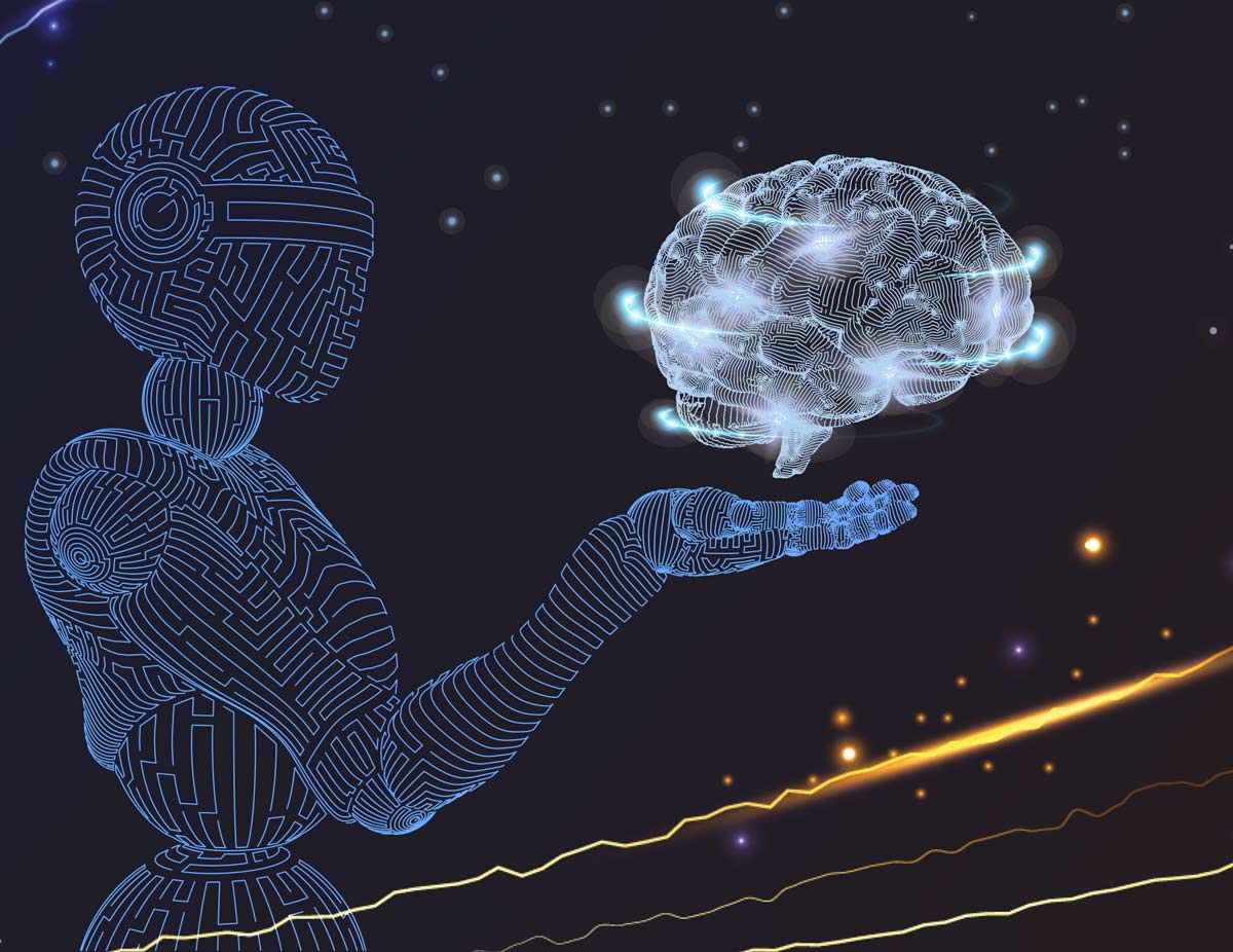 AI robot with a digital brain in his hand